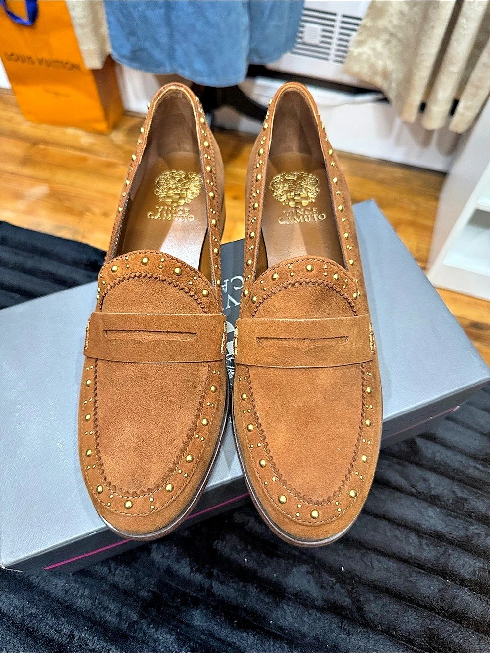 Vince Camuto Camdyn Studded Suede Penny Loafer Studded Suede Loafers in Brown US